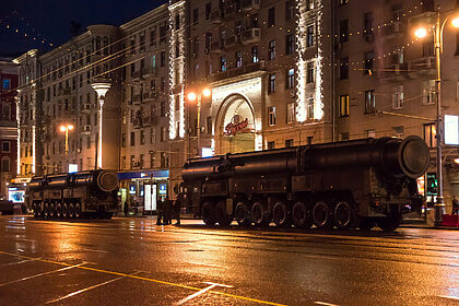 Topl-M missile launchers can be seen during a military parage rehearsal in Moscow.